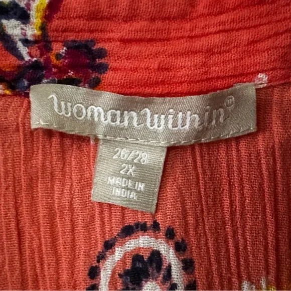 Woman Within |  100% Cotton Coral Colored Tunic with Paisley Print, Size 2X - Picture 4 of 6